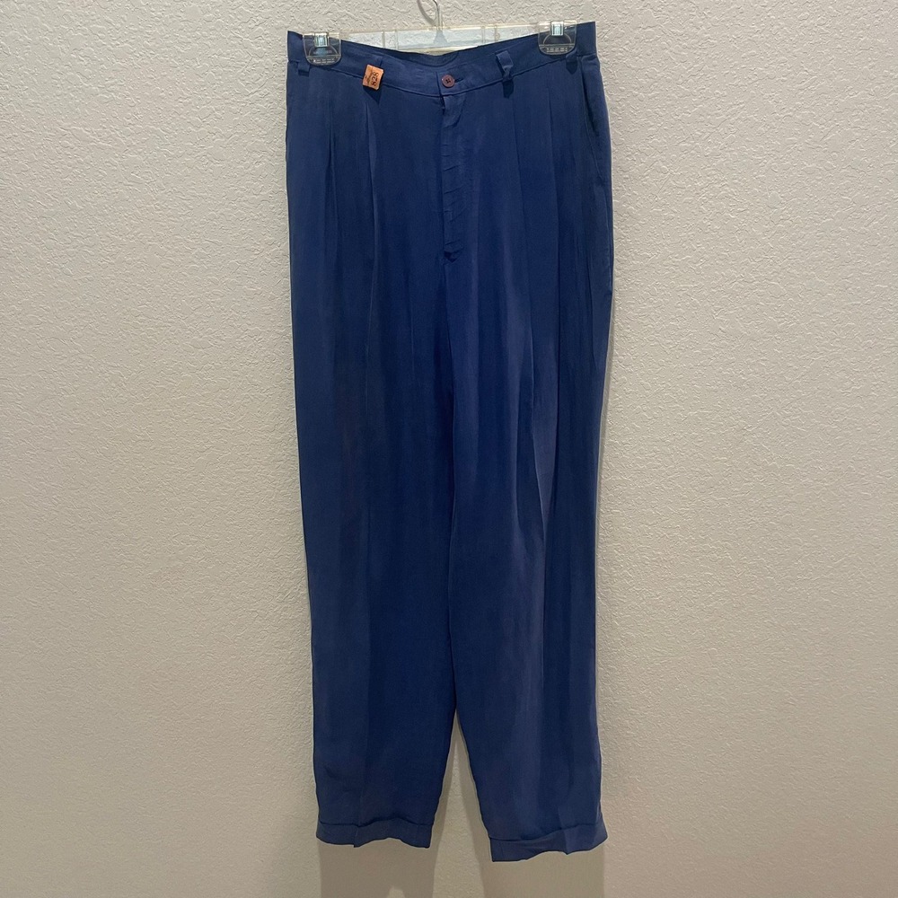 Vintage Blue Pleated High Waisted Wide Leg Trousers Women's Pants Silk Medium‎